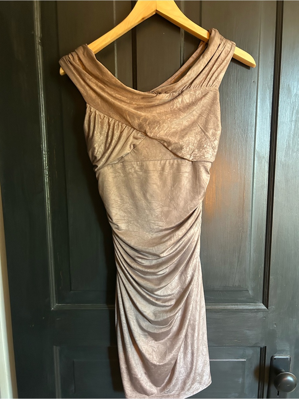 Guess One-Shoulder Taupe Metallic Ruched Cocktail Dress